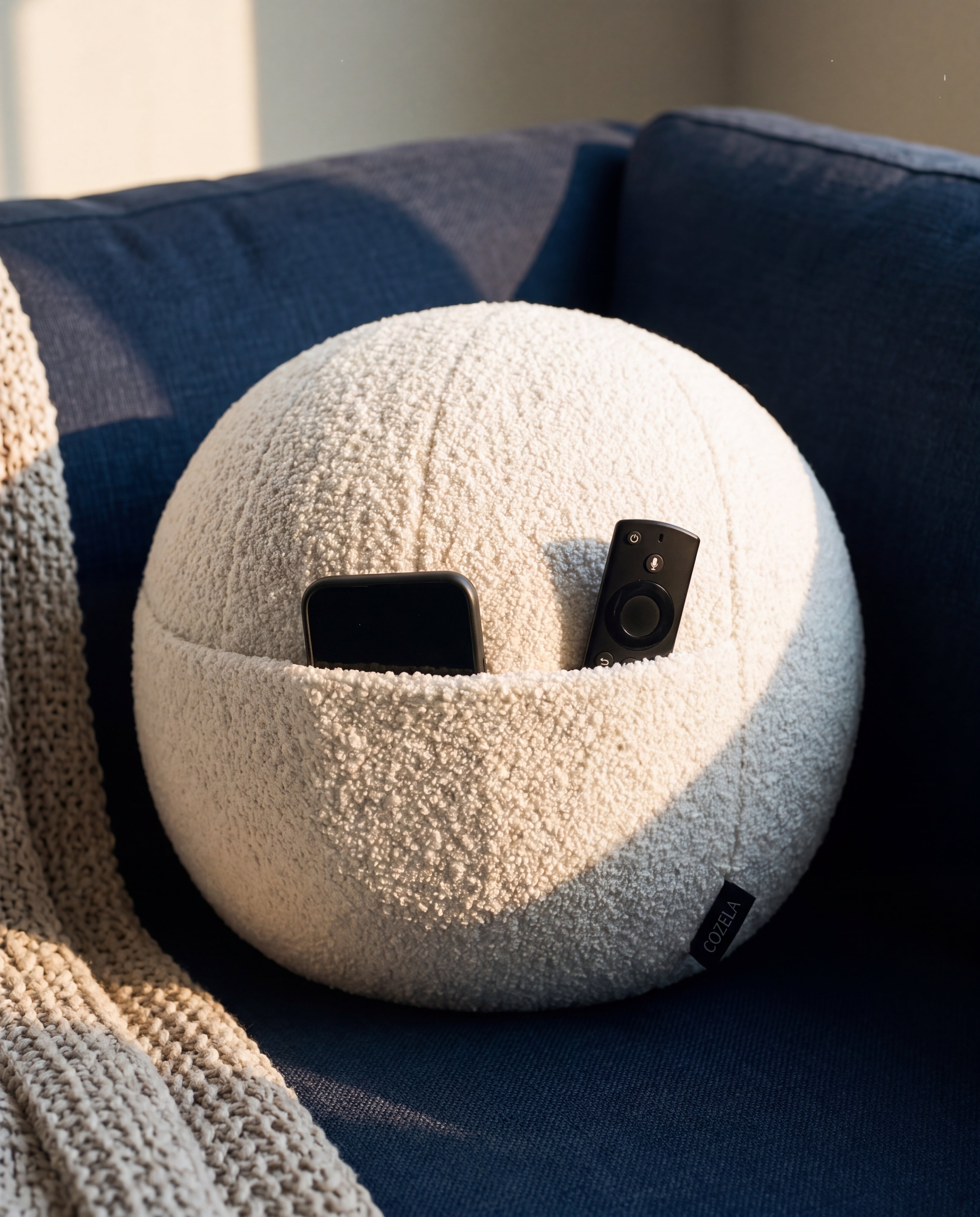 Orb White Bouclé Sphere Pillow with Hidden Pocket | COZELA