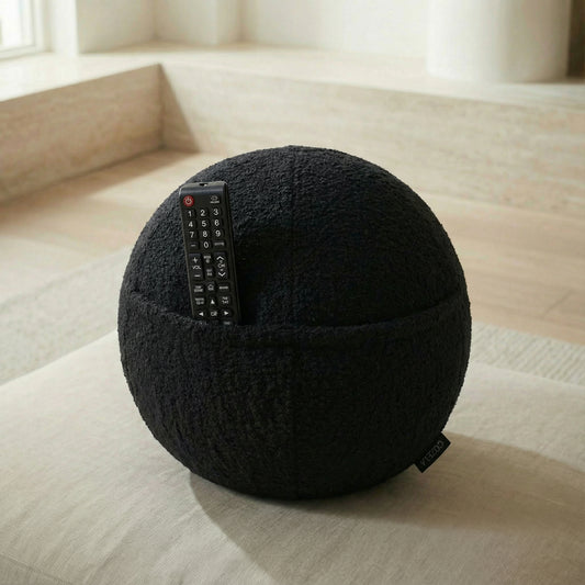 Orb Black Bouclé sphere pillow with remote control in hidden pocket
