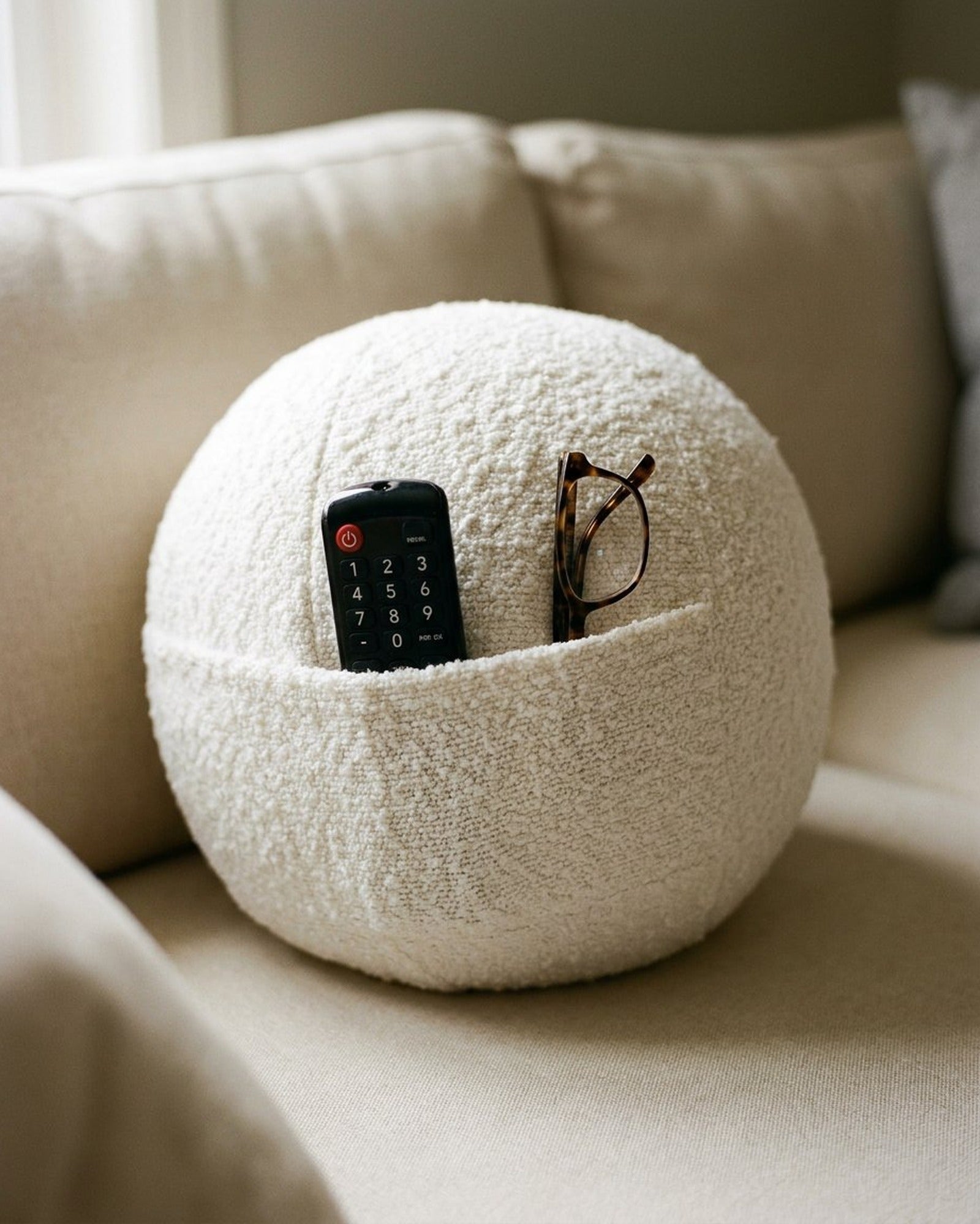 Orb White Bouclé Sphere Pillow with Hidden Pocket | COZELA