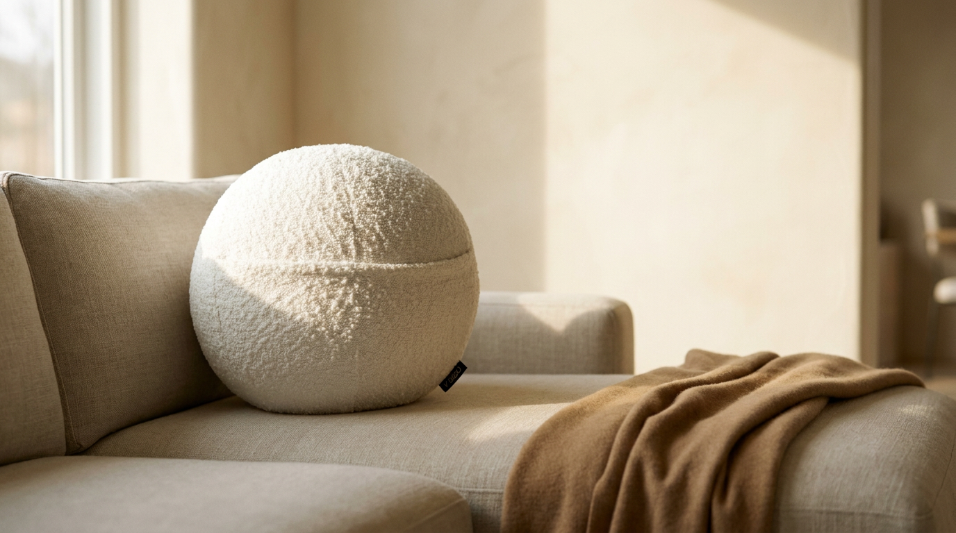 The Orb by COZELA on an oat linen sectional