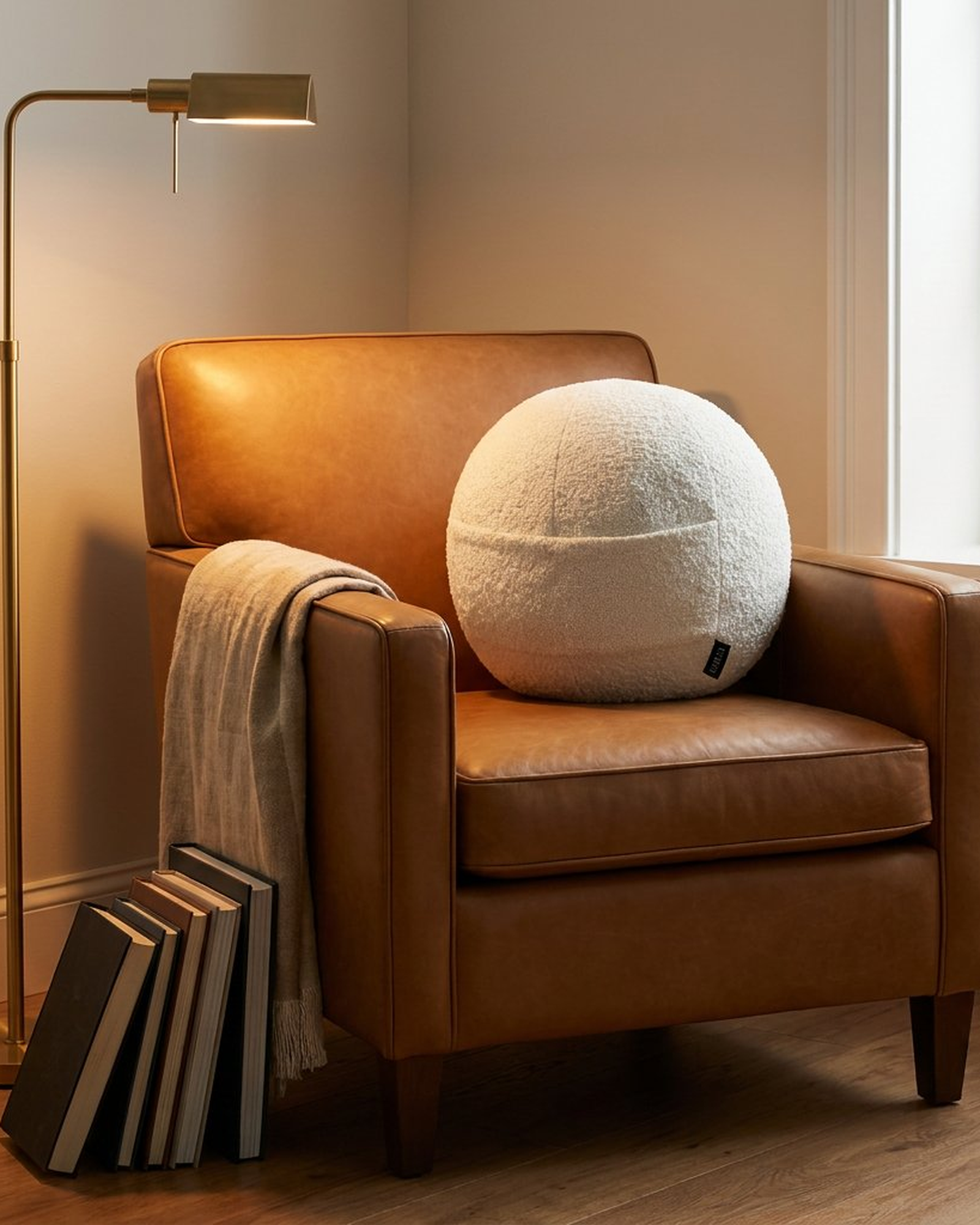 COZELA Orb white bouclé sphere pillow clean product shot on neutral background