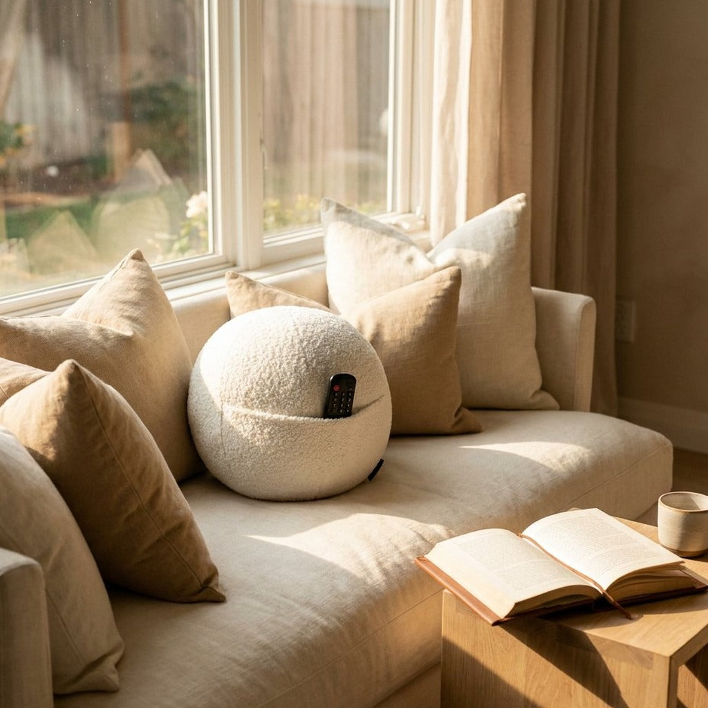 The Orb on a couch with the hidden pocket detail